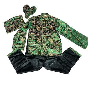 Pure Silk Satin Woman’s Asian Style Embossed Print Top, Pants, Shoes & Bag Sz 34